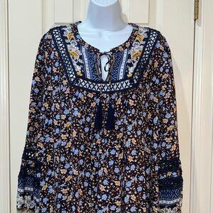 Sundance Simona Navy Blue Floral Long Sleeve Dress Sz XL Boho Peasant Cottage